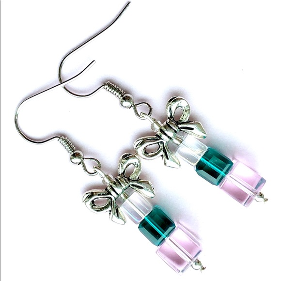 Christmas Gift Pink Teal AB Clear Crystal Earrings - Picture 2 of 3